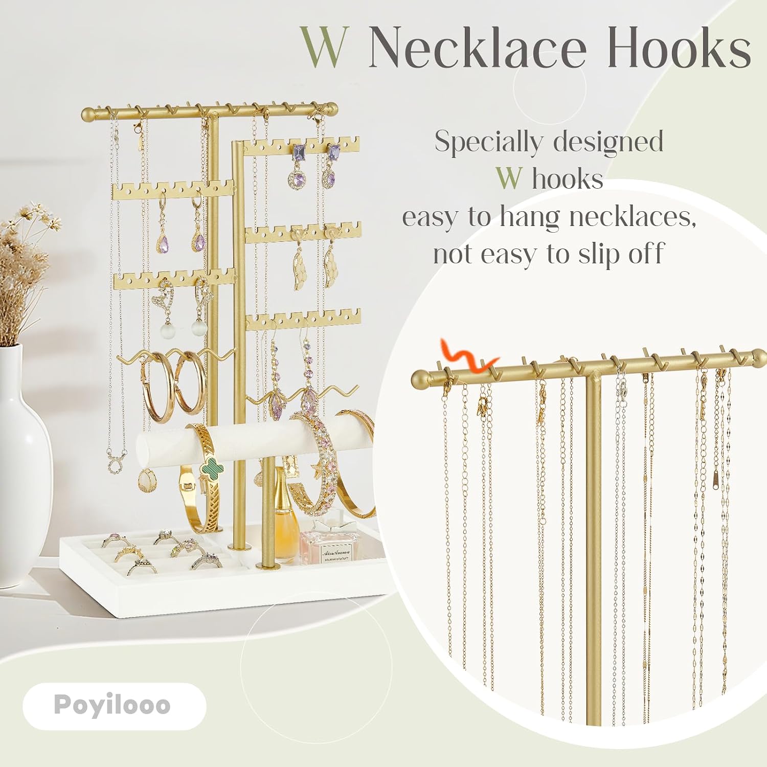 Poyilooo Earring Holder Jewelry Stand, 3 Tier Jewelry Organizer with Ring Holder Tray for Necklace Earring Keychains Bracelet Rings Display Jewelry Tree Stand (Whitegold)