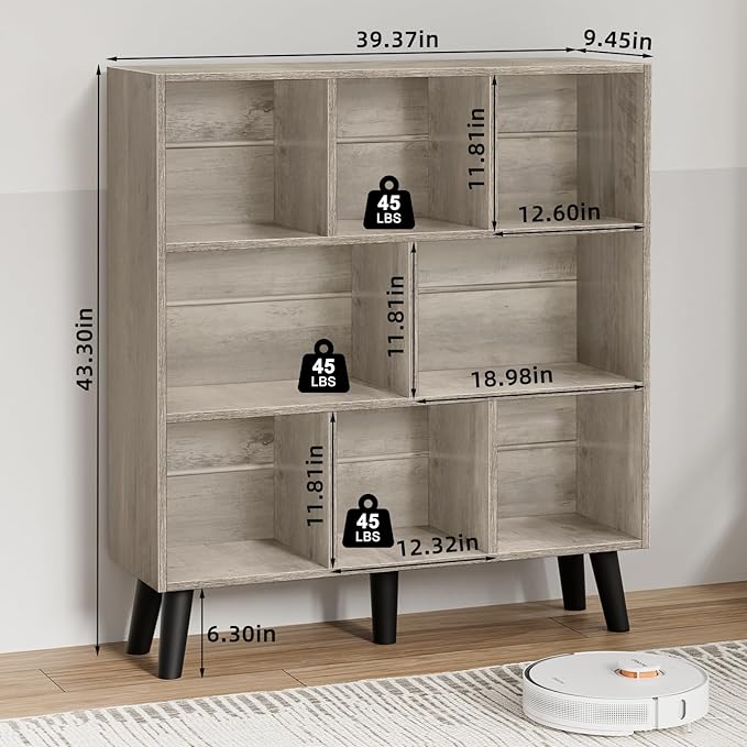 LEYAOYAO 8 Cube Bookshelf, 3 Tier Modern Bookcase with Legs, Mid-Century Modern Wood Book Shelves Storage, Retro Grey Book Case, Freestanding Organizer Display Shelf for Bedroom,Living Room,Office
