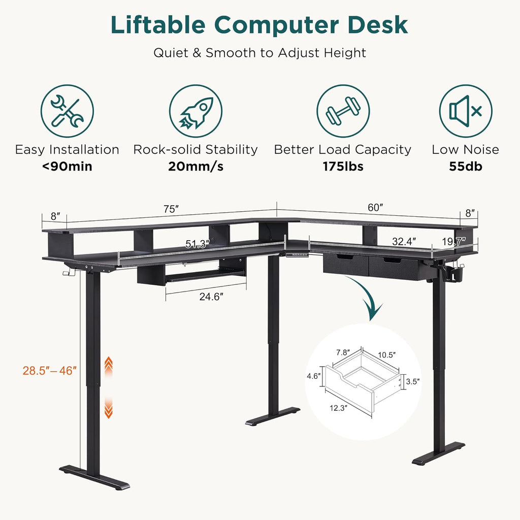 RedLemon 75X60 Inches L Shaped Electric Standing Desk, Height Adjustable Corner Gaming Desk with Drawers, Power Outlets & LED Lights, Computer Desk with Monitor Shelf, Carbon Fiber Black