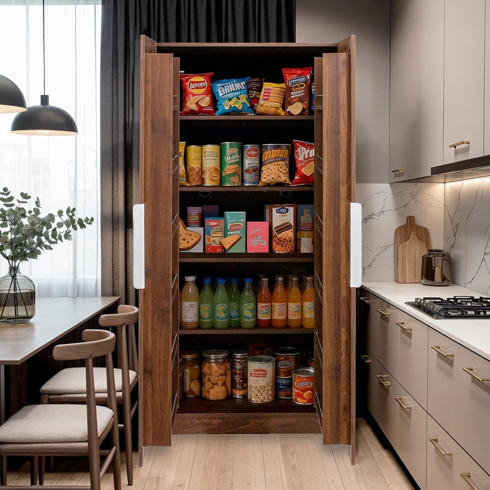 62.99'' Walnut Kitchen Pantry Cabinet Tall Freestanding Pantry Storag...