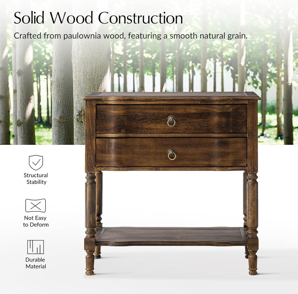 HULALA HOME End Table with Charging Station, Solid Wood Side Table with 2 Dra...