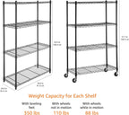 Amazon Basics 4-Shelf Adjustable, Heavy Duty Storage Shelving Unit on 3'' Wheel Casters, Metal Organizer Wire Rack, 36" L x 14" W x 57.75" H, Black