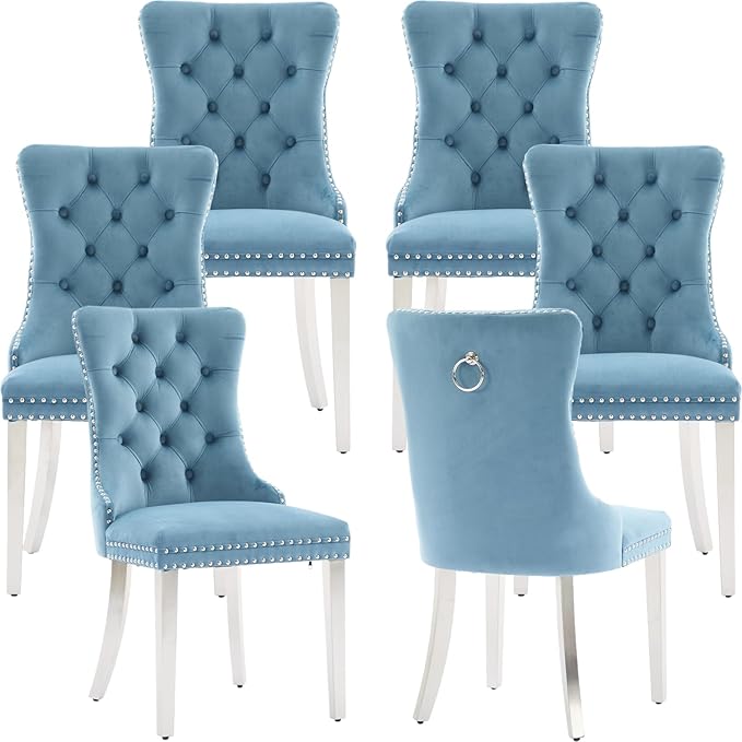 Luxury Upholstered Dining Chairs Set of 6, Light Blue Kitchen Chair with Silver Metal Legs, Velvet Tufted Back Dining Chair, Sillas de Comedor, Modern Kitchen & Dining Room Chairs (Light Blue, 6 Pcs)