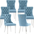Luxury Upholstered Dining Chairs Set of 6, Light Blue Kitchen Chair with Silver Metal Legs, Velvet Tufted Back Dining Chair, Sillas de Comedor, Modern Kitchen & Dining Room Chairs (Light Blue, 6 Pcs)