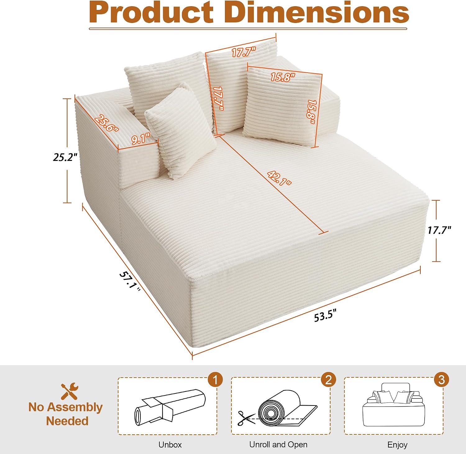 Qulomvs 57" Oversized Chaise Lounge Chair Indoor, No Assembly Boneless Couch, Corduroy Upholstered Sofa Bed, Deep Seat Comfy Reading Chair, Cloud Sleeper Couch for Living Room, Bedroom (Beige)