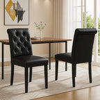 Button Tufted Dining Chairs Set of 2, Upholstered PU Leather Dining Room Chairs Farmhouse Parsons Kitchen Chairs with Wood Legs for Bedroom/Living Room/Resturant, Padded Seat, Black