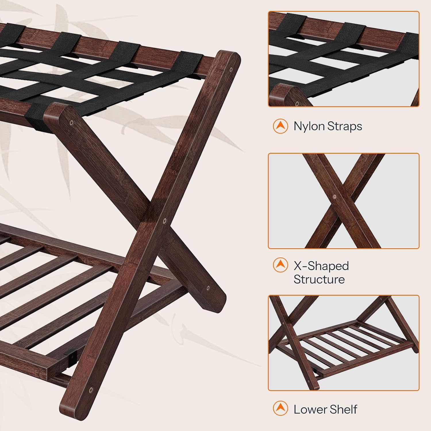 HOOBRO Luggage Rack, Folding Luggage Holder, Bamboo Suitcase Stand for Guest Room, with Nylon Strap Support Shelf, Holds up to 110 lb, for Hotel, Bedroom, Brown BR19XL01