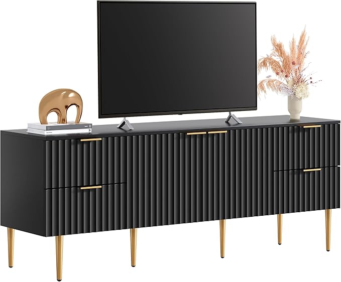 SICOTAS TV Stand for 55/60/65/70 Inch TV - 62 Inch TV Stands for Living Room Entertainment Center with 4 Drawers, Fluted Modern TV Media Console Television Cabinet for Bedroom (Black,1 Piece)