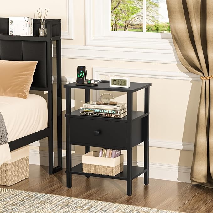 Lerliuo Nightstand with Charging Station and USB Ports, 3-Tier Storage End Ta...
