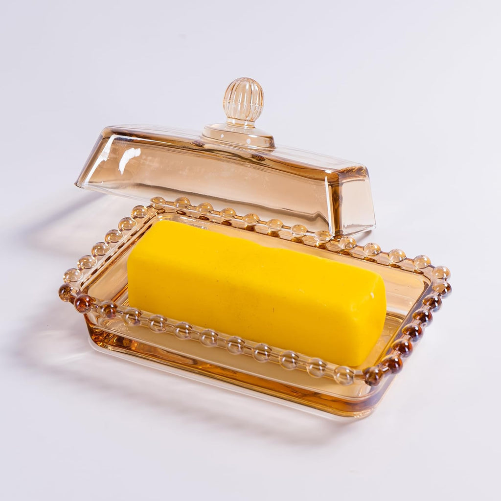 Glass Butter Dish with Lid for Countertop, Champagne Color Crystal Covered Butter Stick Holder Tray, Glass Butter Storage Container for Refrigerator