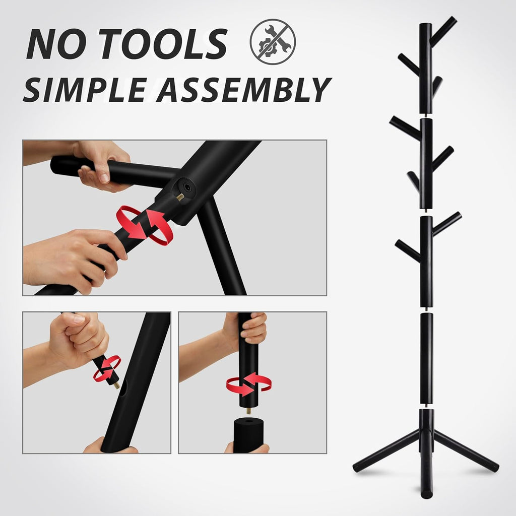 Unisakey Durable Wooden Coat Rack, Freestanding Coat Rack with Stable Triangular Base, 8 Hooks & 3 Adjustable Heights, Simple Assembly for Bedroom, Hallway, Office(New Black)