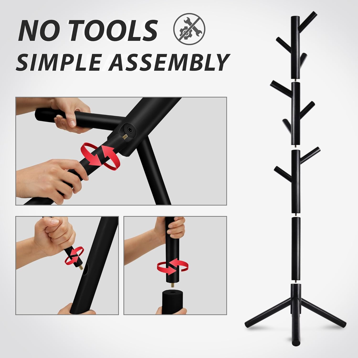 Unisakey Durable Wooden Coat Rack, Freestanding Coat Rack with Stable Triangular Base, 8 Hooks & 3 Adjustable Heights, Simple Assembly for Bedroom, Hallway, Office(New Black)