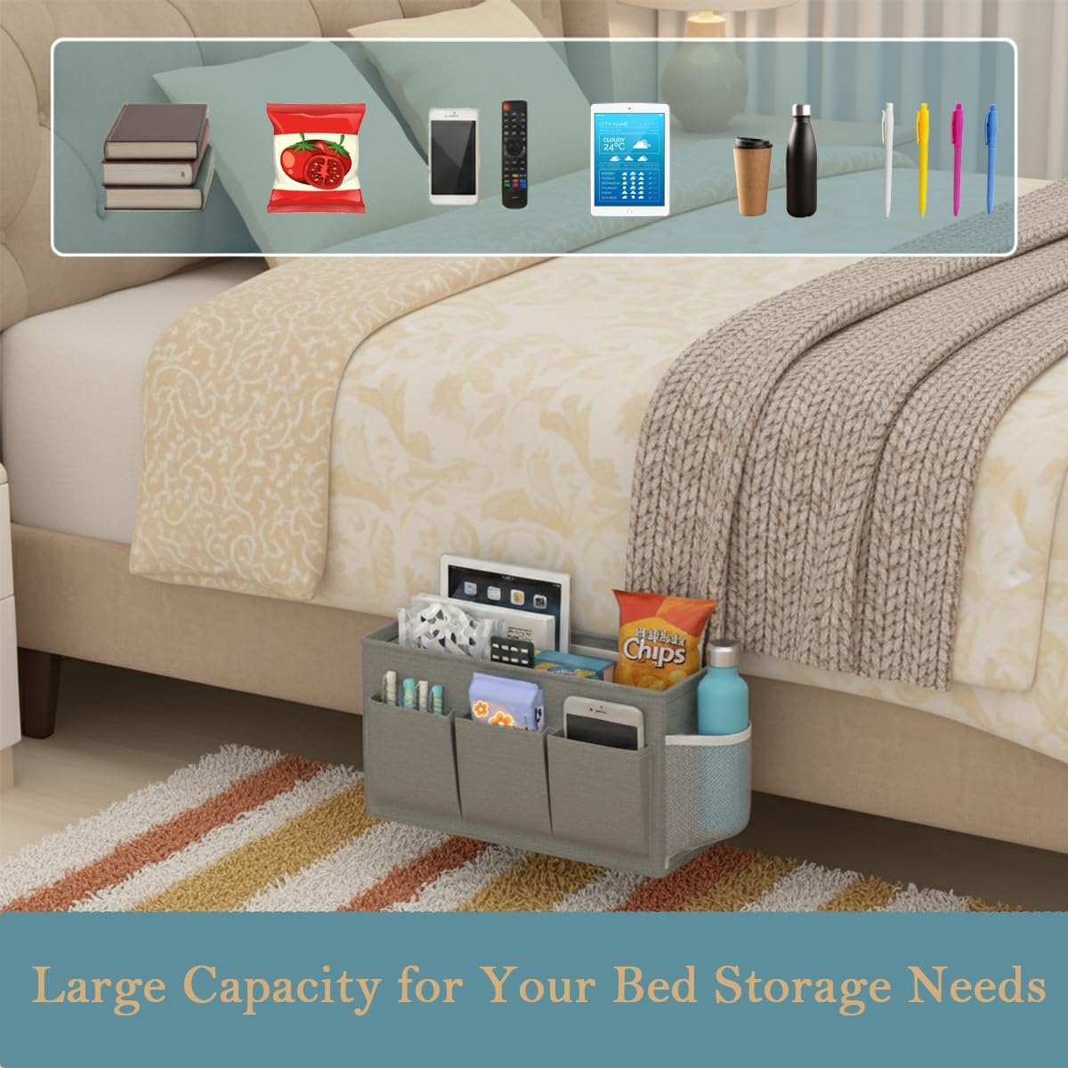 Dual-Purpose Bedside Caddy Organizer Hanging Storage Bag Dorm Storage for Home, Dorm, Bunk, Hospital Beds, Bed Caddy Holder with 6 Pockets for Magazines, Books, Phones, Remotes, Bottles