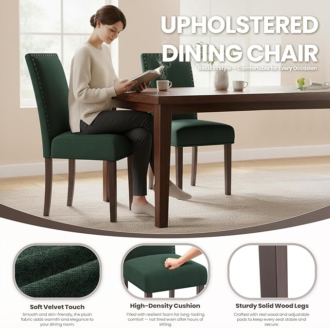 COLAMY Green Velvet Dining Chairs Set of 2 – Upholstered Kitchen & Dining Room Chairs with Nailhead Trim, Soft High-Density Cushion and Solid Wood Legs for Dining Room, Kitchen, Living Room