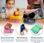 2 Pack Reusable Silicone Snack Containers with Lid, Strap, Spoon & Fork-2 Compartments Portable Mini Containers，Silicone Snack Storage Box for Picnic, Office, School(pink+orange)