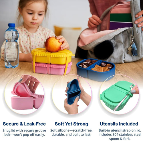 2 Pack Reusable Silicone Snack Containers with Lid, Strap, Spoon & Fork-2 Compartments Portable Mini Containers，Silicone Snack Storage Box for Picnic, Office, School(pink+orange)