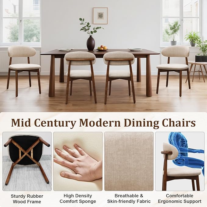 Farmhouse Dining Chairs Set of 8, Mid Century Modern Fabric Upholstered Kitchen Chairs, Wooden Dining Room Chair with Curved Back for Kitchen Dining Room Restaurant Cafe, Light Camel (Only Chairs)