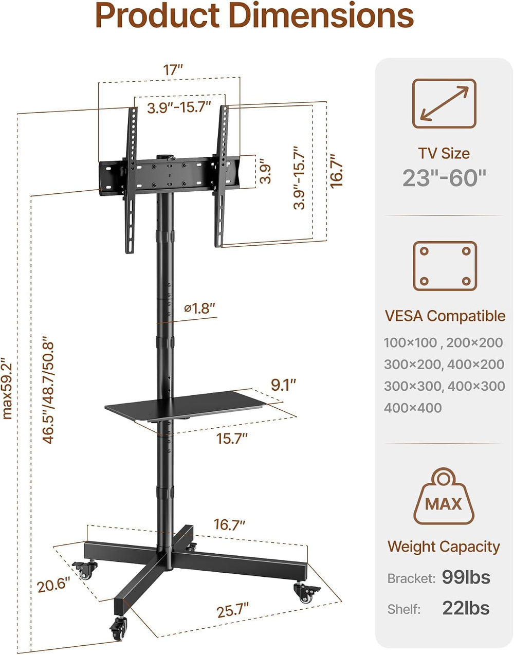 Rolling TV Stand for 23-60" TVs, 121 lbs, Black | Mobile TV cart support...