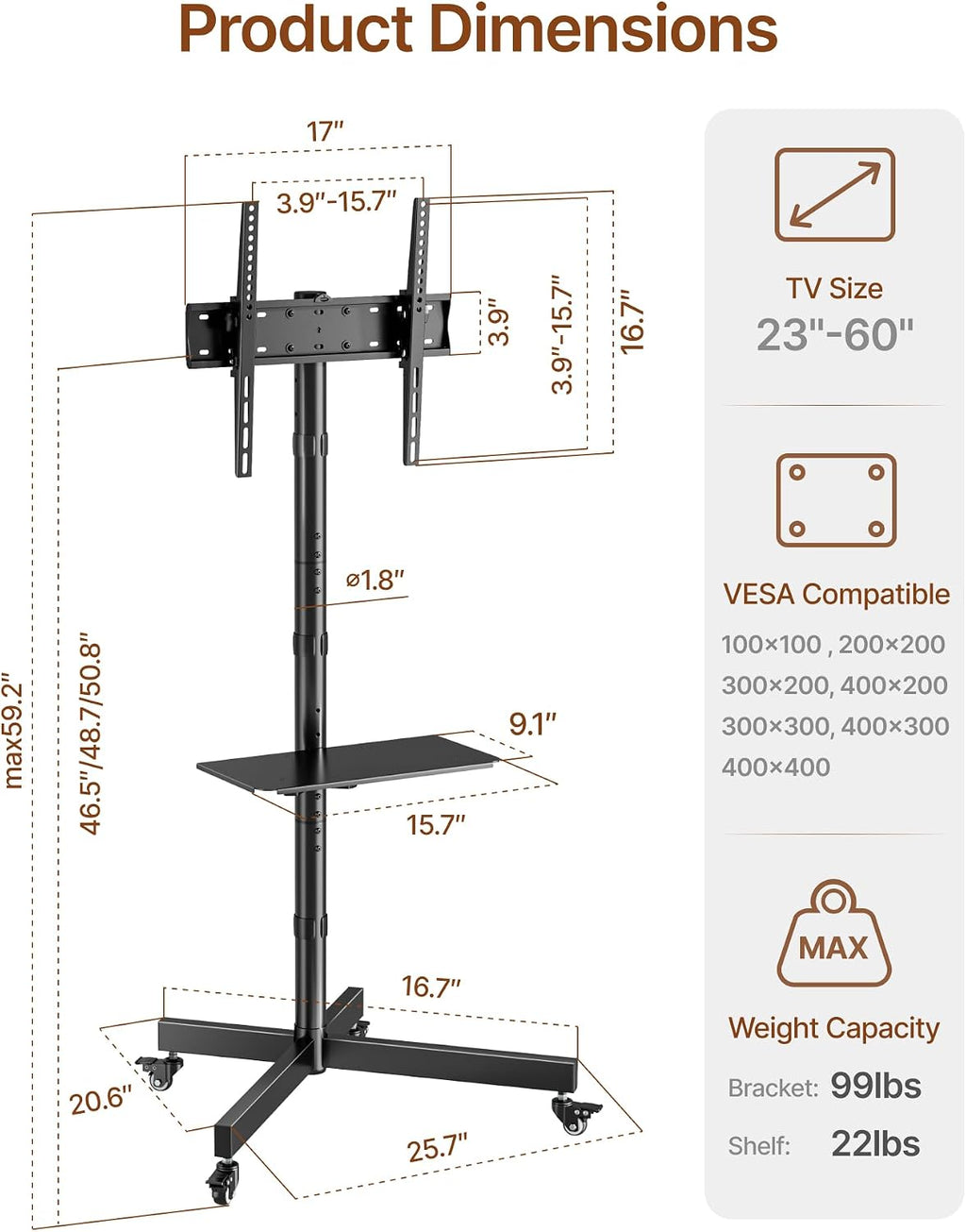 Rolling TV Stand for 23-60" TVs, 121 lbs, Black | Mobile TV cart supports 99 lb TV plus 22 lb shelf, with locking wheels, height and tilt adjustment, VESA 400x400