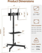 Rolling TV Stand for 23-60" TVs, 121 lbs, Black | Mobile TV cart supports 99 lb TV plus 22 lb shelf, with locking wheels, height and tilt adjustment, VESA 400x400