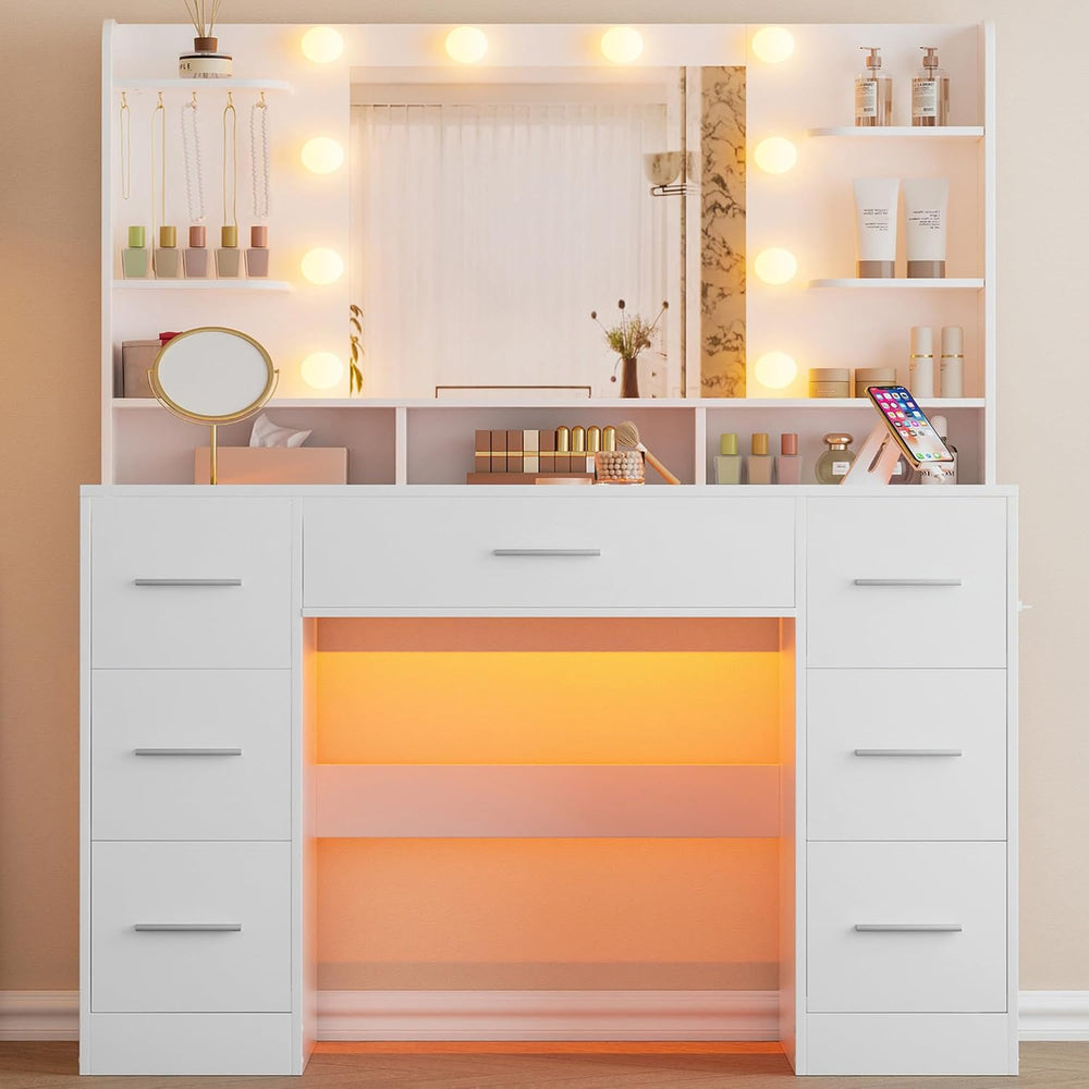 ERLEJIA Vanity Desk with Mirror and Lights, 41.34" 7-Drawer Makeup Table...