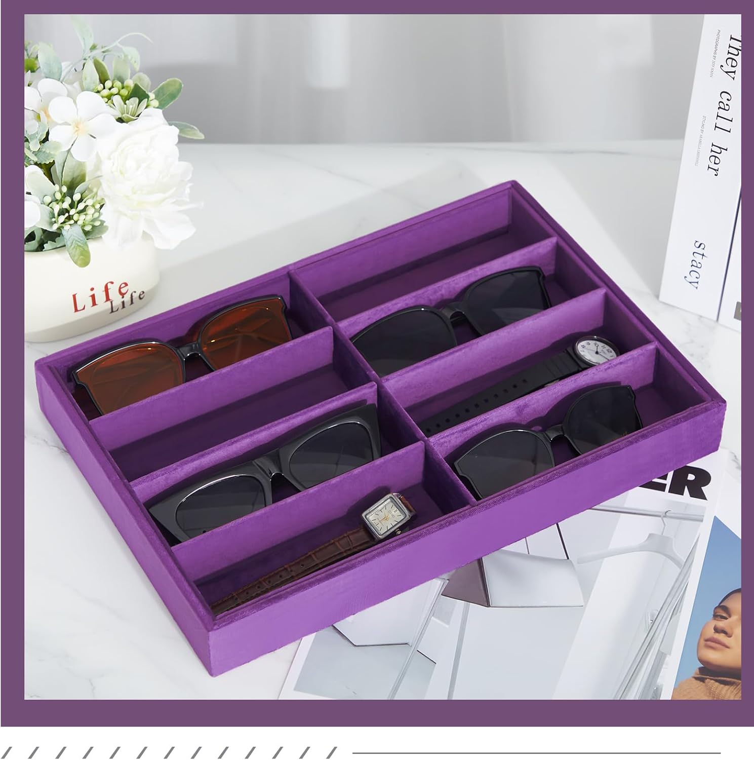 Amylove 2 Pcs Sunglass Organizer Trays Glasses Stackable Jewelry Trays Sunglass Organizer Display Box(8 Grids,Purple)