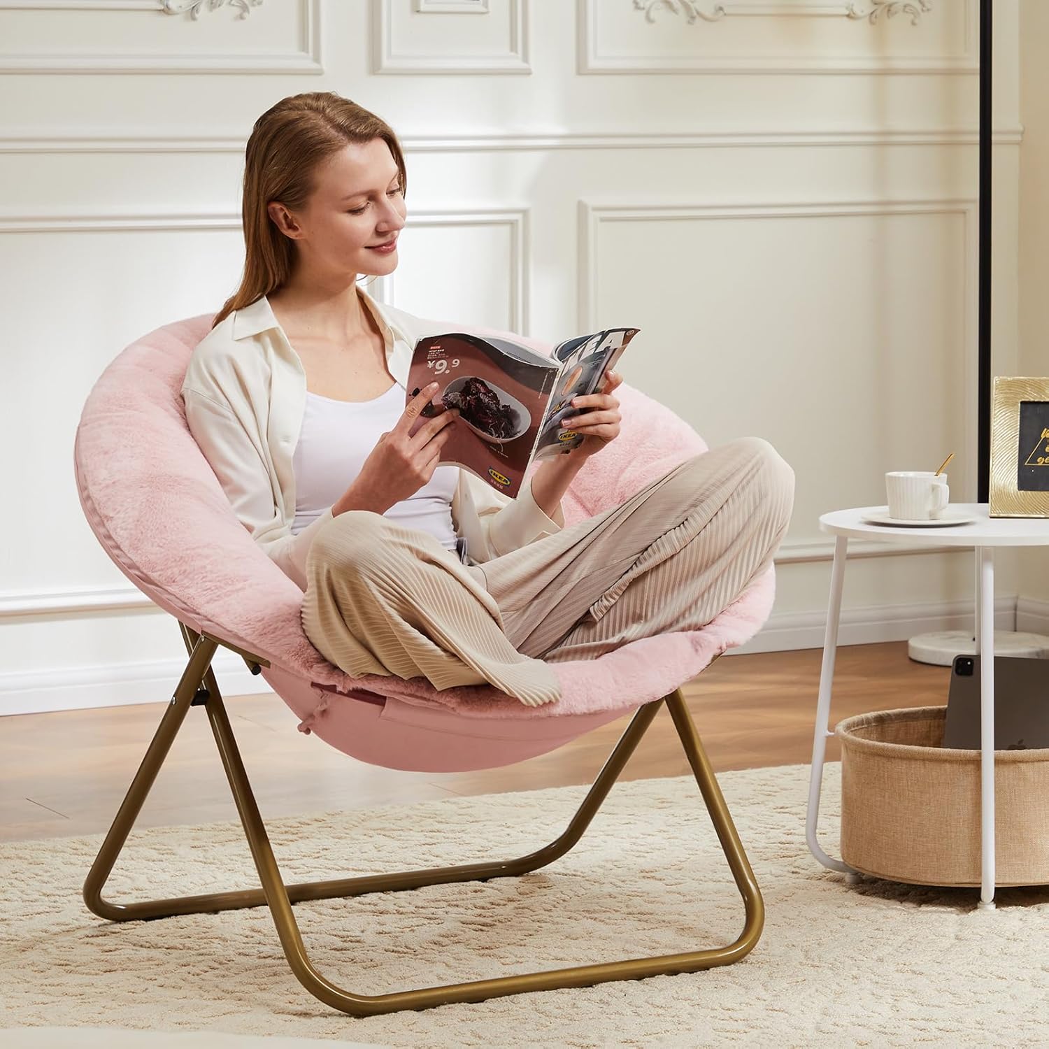 DUMOS Faux Fur Saucer Chair, Living Room Folding Lounge Chair | XL Circle Moon Mushroom Style, Gaming Dorm Small Spaces, Foldable Oversized Accent Seat, Reading