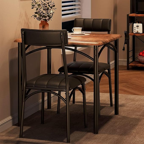 2-Person Dining Table Set (3 Pieces) - Square Kitchen Table with Upholstered Chairs | Ideal Small Space Dining Set for Apartments, Studios | Compact Kitchen Dining Set for 2 Adults/Kids