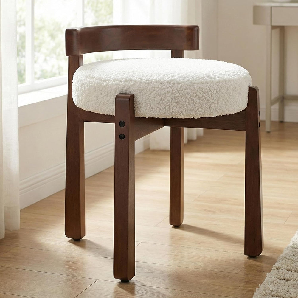HNY Modern Boucle Ottoman : Upholstered Vanity Chair with Solid Wood Legs, Cu...