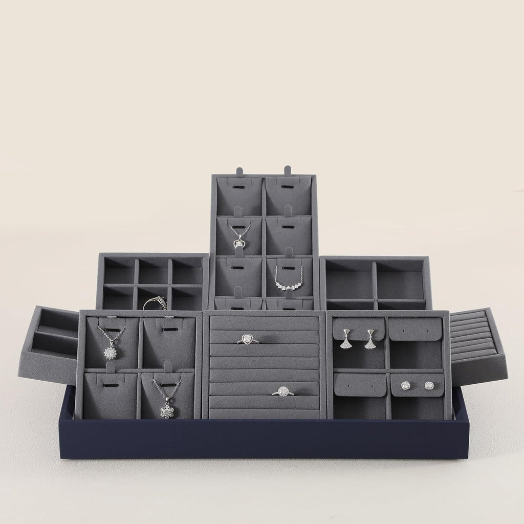 Dark Blue Jewelry Display Tray Ring Necklace Earring Bangle Organizer Multifunctional Storage Case for Jewelry Showcase (Small 9 Grids Tray)