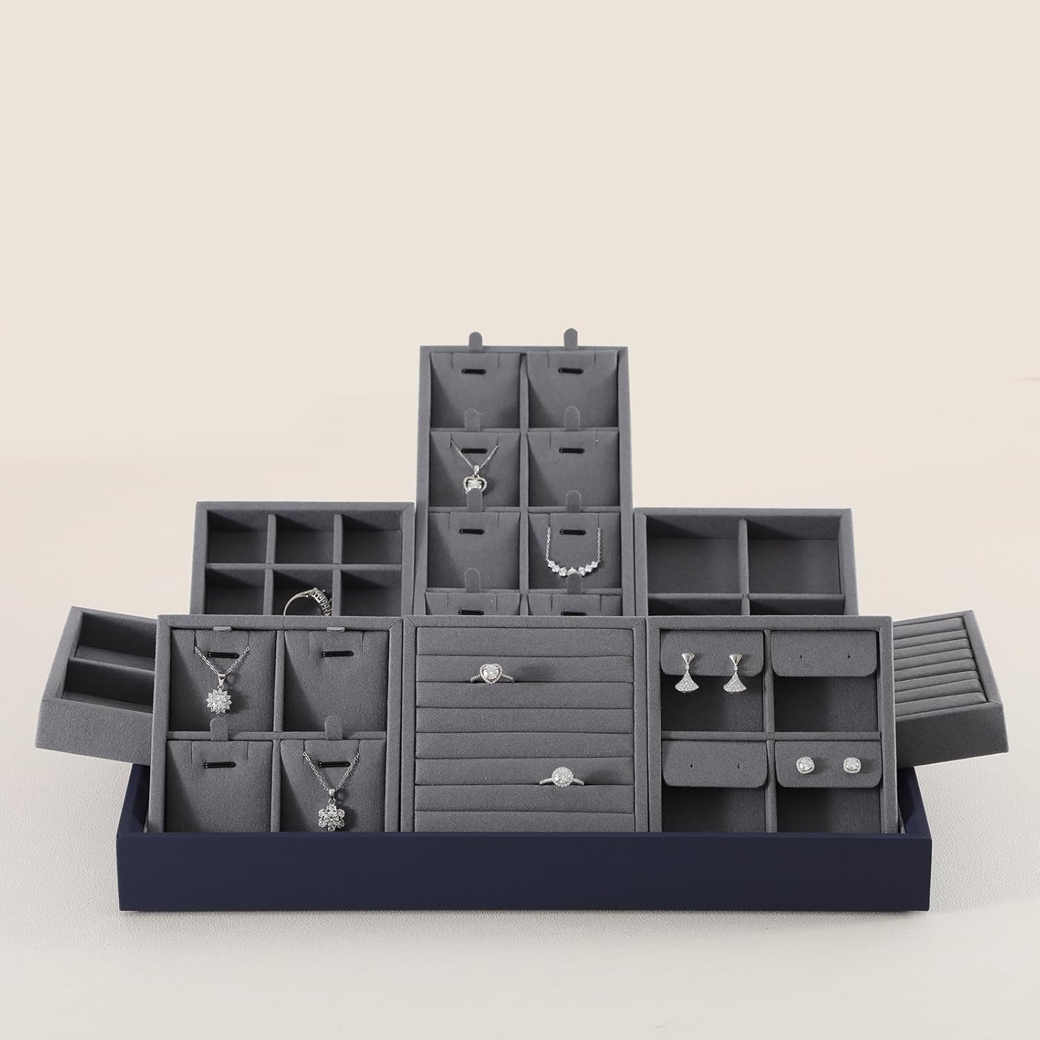 Dark Blue Jewelry Display Tray Ring Necklace Earring Bangle Organizer Multifunctional Storage Case for Jewelry Showcase (Small 9 Grids Tray)