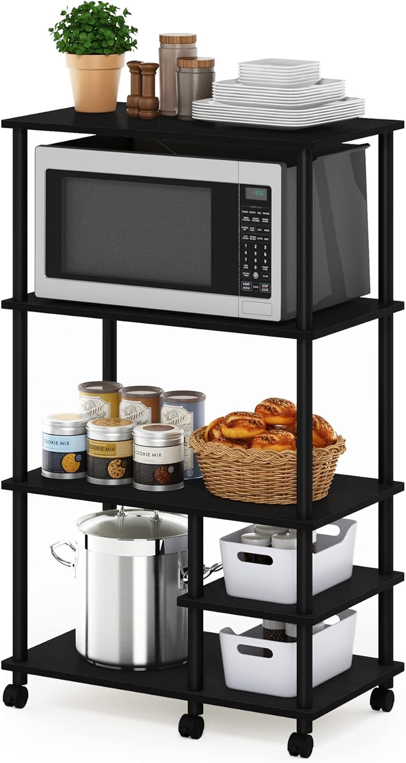 Furinno Turn-N-Tube Bakers Rack with Wheels, 4-Tier Kitchen Storage Cart, Kitchen Cart, Coffee Bar, Pantry Organizers and Storage, Dark Americano
