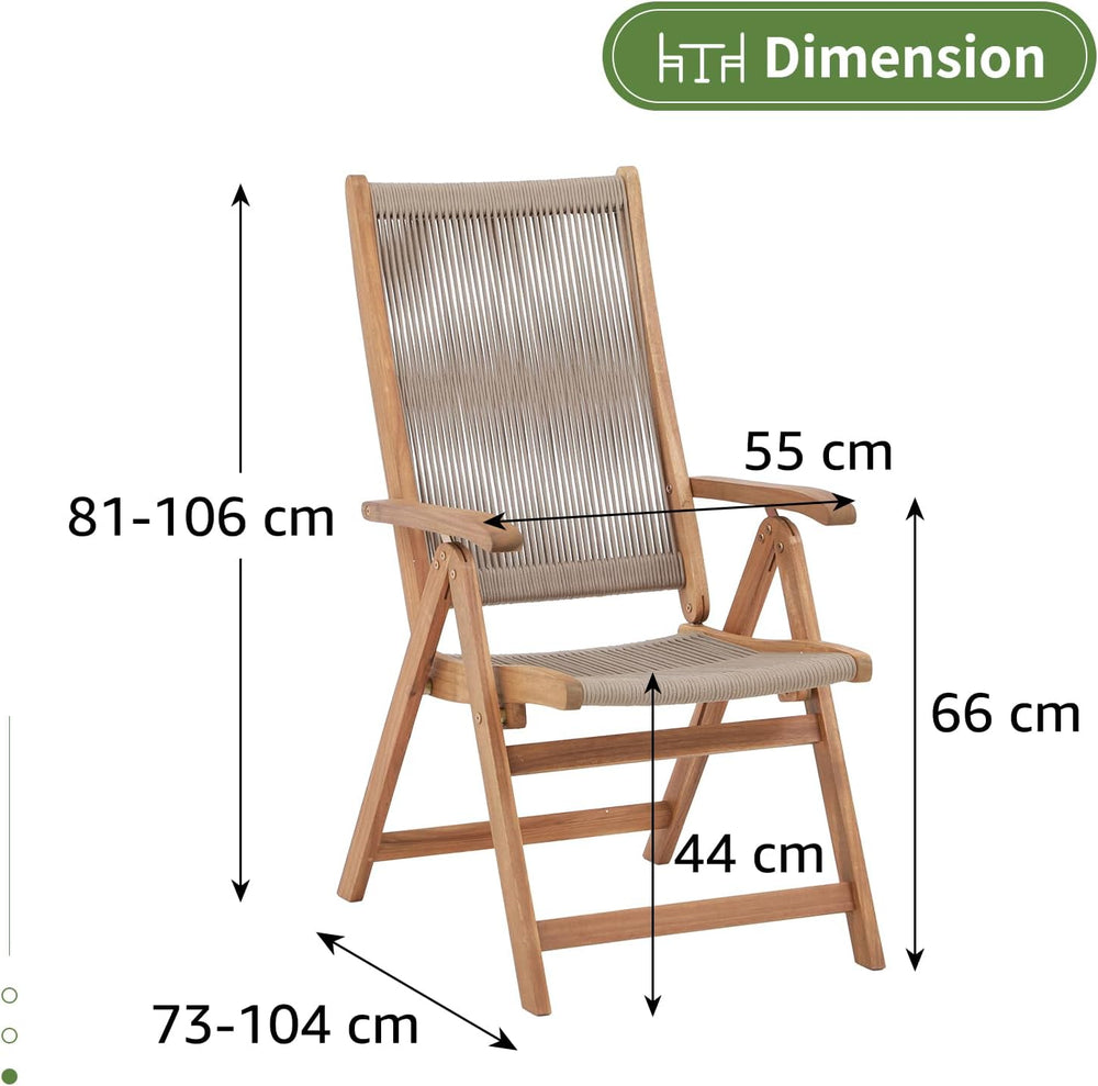 Folding Patio Chair Set of 6, Wooden Rope Recliner, Beige