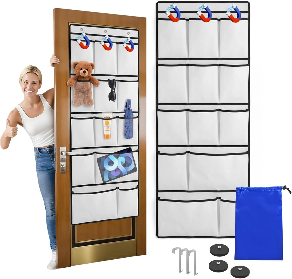 Magnetic Cruise Door Organizer – 13-Pocket Hanging Storage with 2 Large Shoe Pockets, No Hook Needed, Includes 3 Bonus Hooks, 2025 2026 Cruise Ship Essentials for Cabin, Bathroom, or Closet Use
