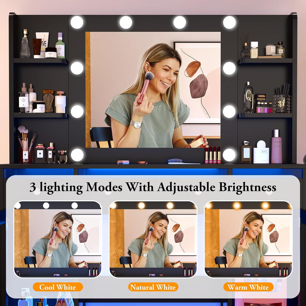 Vanity Desk W/6000-Colors Light&Power Outlet,Makeup Vanity Desk W/LED Mir...