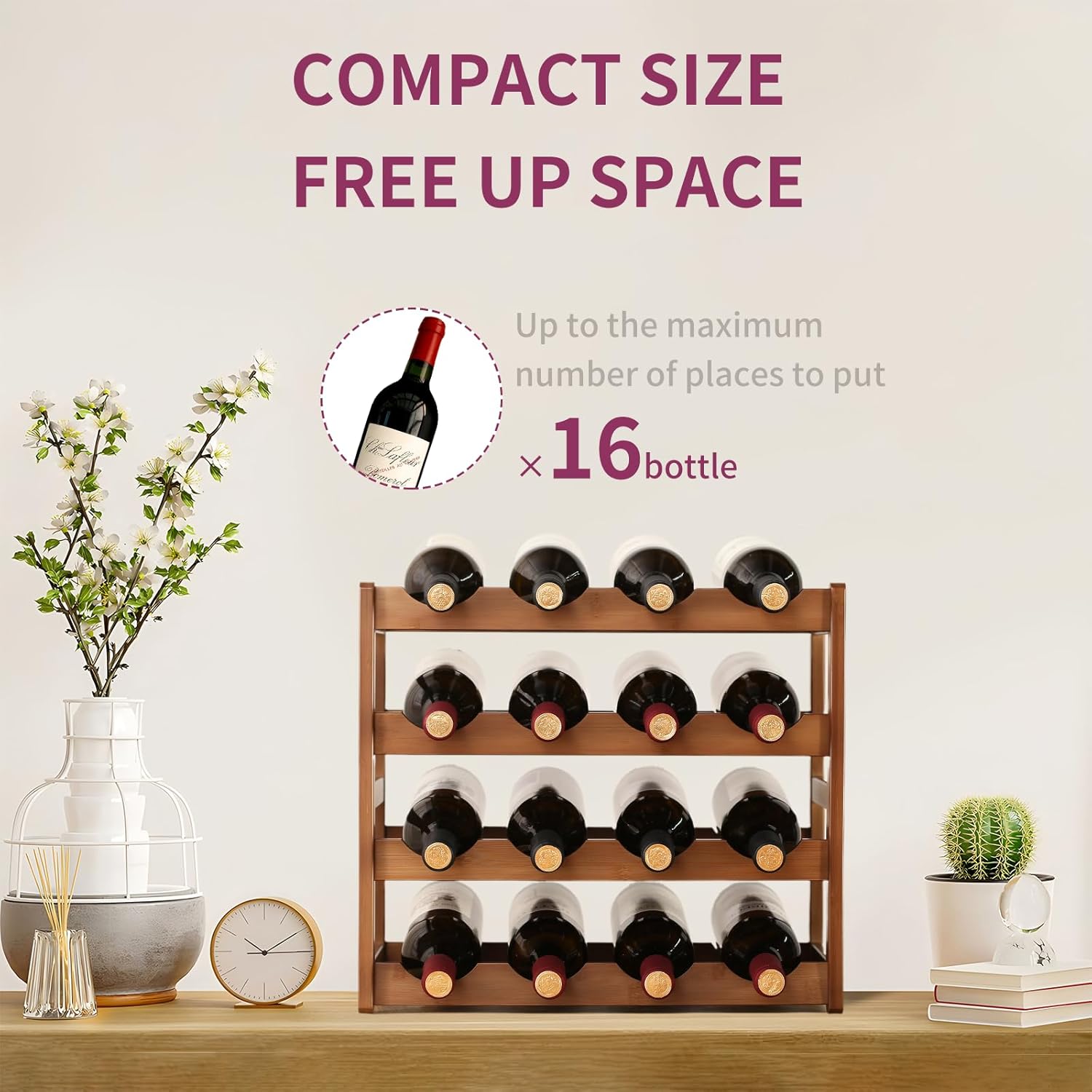 Wine Rack Storage,Bamboo Wine Racks Cabinet Shelf,4-Tier 16 Bottles Freestanding Wine Bottle Holder for Basement,Kitchen,Countertop