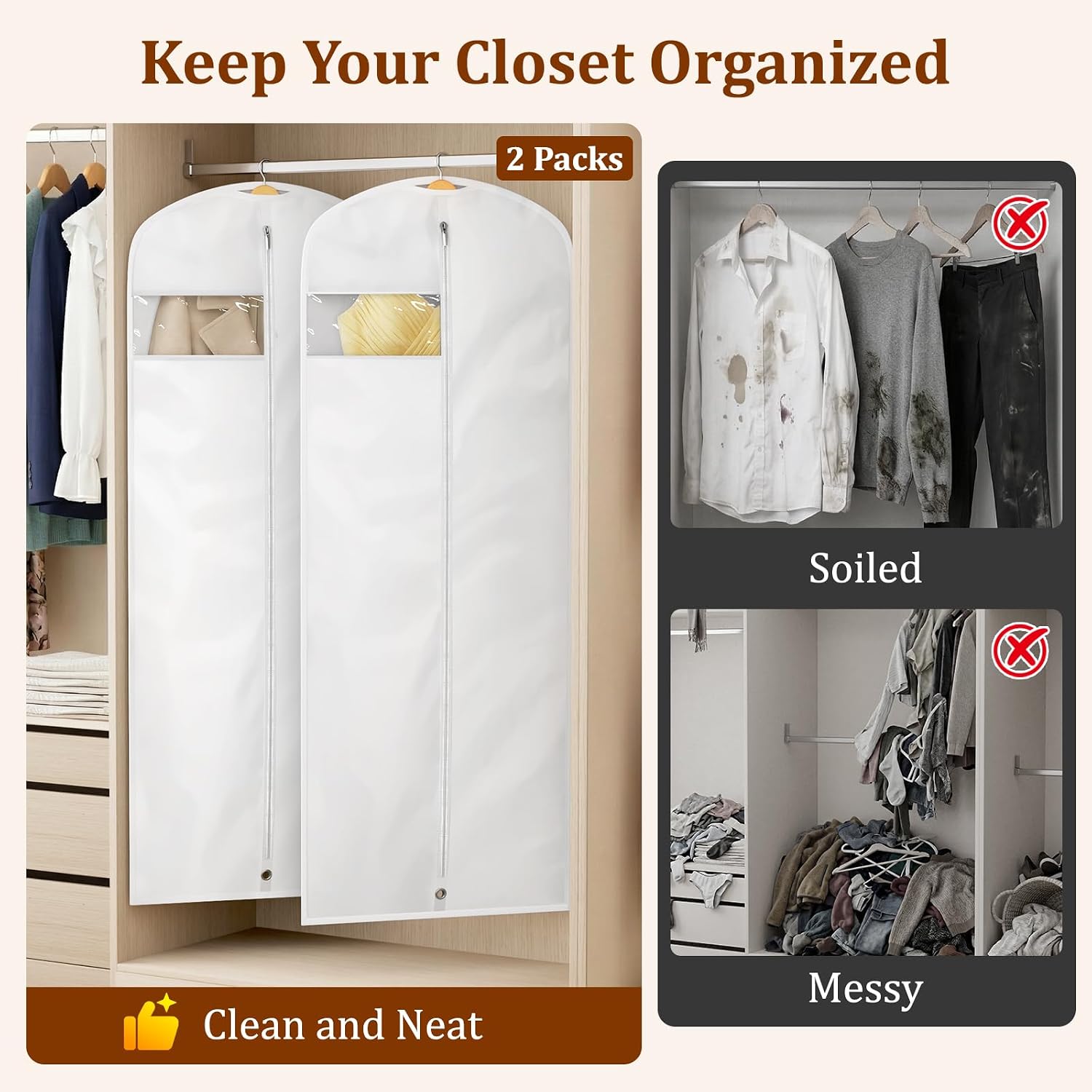 KIMBORA 65" Dress Bags for Gowns Long Garment Bags for Hanging Clothes with Clear Window, Foldable Wedding Dress Cover for Closet Storage and Travel (2 Packs, White)