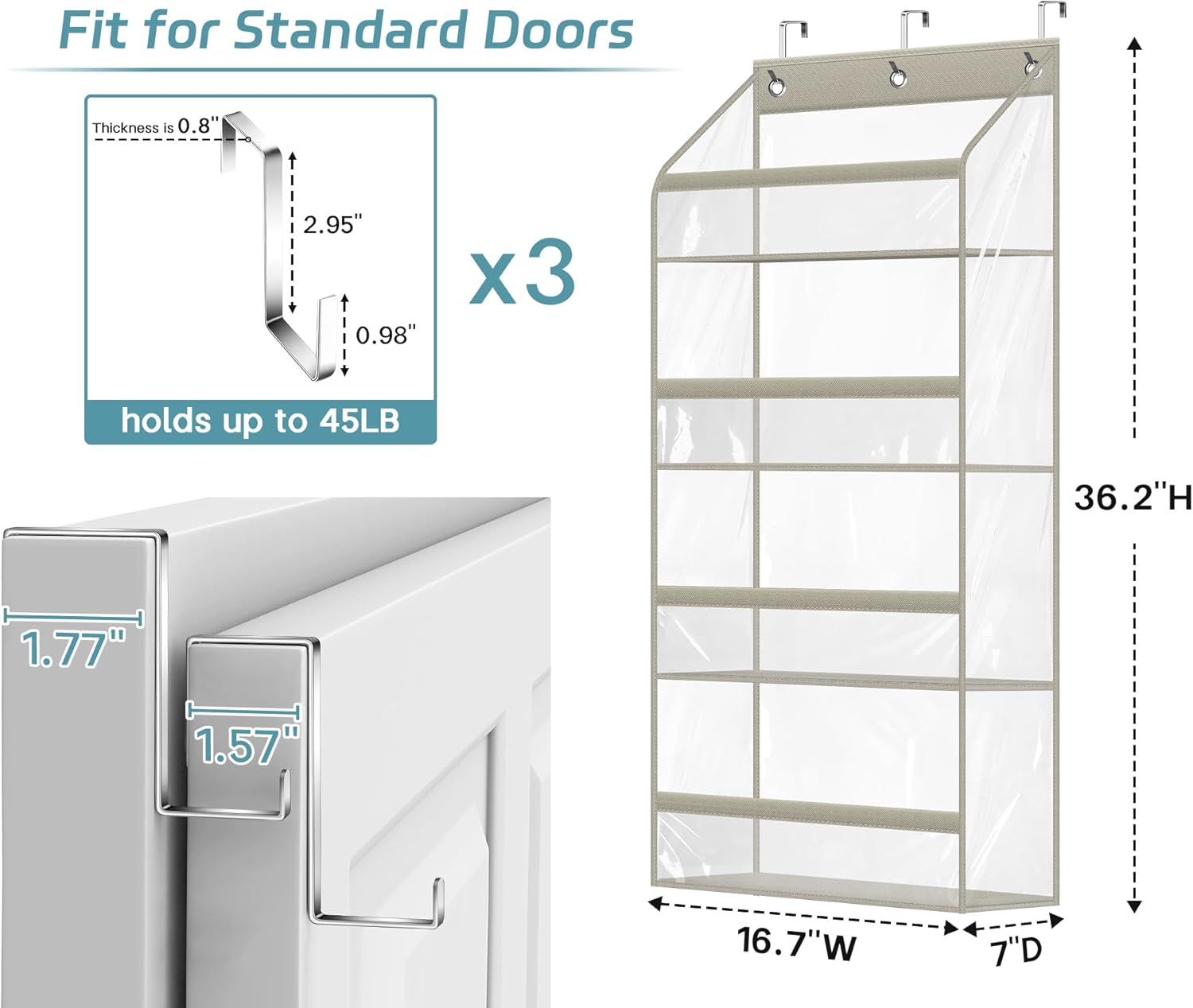 AOODA Clear Over the Door Hat Racks for Baseball Caps, Hold 48 Caps Hat Storage Organizer for Closet Wall, Deep Pockets Hanging Snapback Holder Shelves with 3 Hooks, Grey