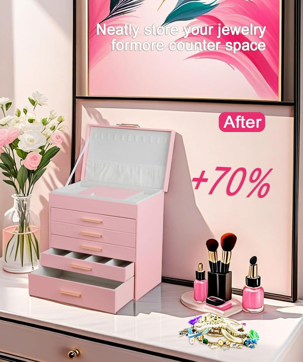 BOOVO Jewelry Box with Necklace Hanger – 6 layer Jewelry Organizer for Women with 5 Drawers, Large Jewelry Storage Boxes –Jewelry Organizers and Storage for Earrings, Necklaces (Pink, 6 layer)