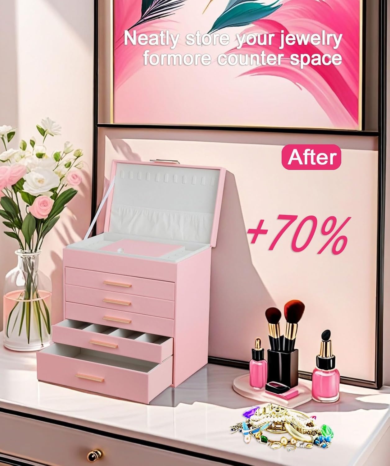 BOOVO Jewelry Box with Necklace Hanger – 6 layer Jewelry Organizer for Women with 5 Drawers, Large Jewelry Storage Boxes –Jewelry Organizers and Storage for Earrings, Necklaces (Pink, 6 layer)