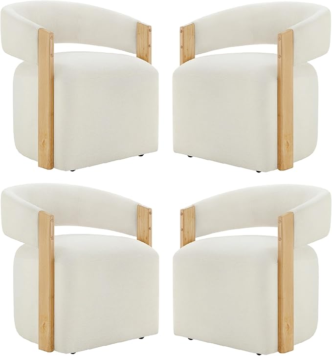 Upholstered Dining Chairs with Casters, Modern Barrel Side Armchair with Rollers & Wooden Armrest for Dining Room, Bedroom, Kitchen, Reading Room, Beige, Set of 4