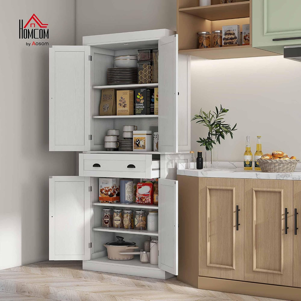 HOMCOM 72.5" Kitchen Pantry Cabinet Freestanding 4 Doors White Wood Grai...