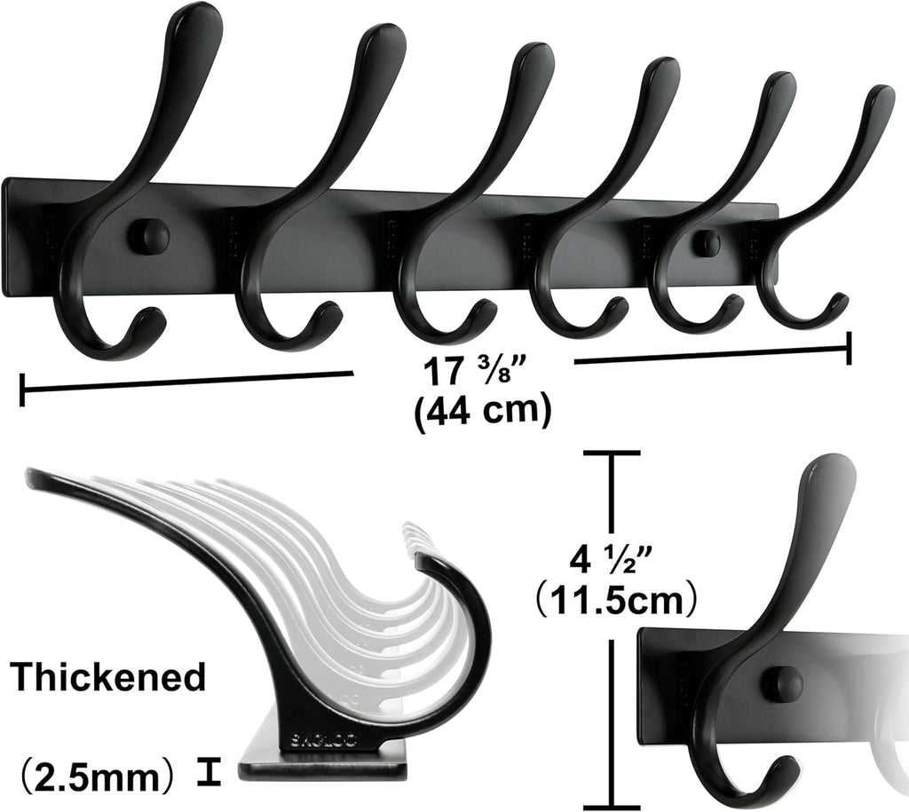 SKOLOO Heavy Duty Wall Mounted Coat Rack - 6 Hooks, Stainless Steel, Pack of 2, Sturdy Coat Hooks for Hanging Clothes, Jacket, Hat, Black