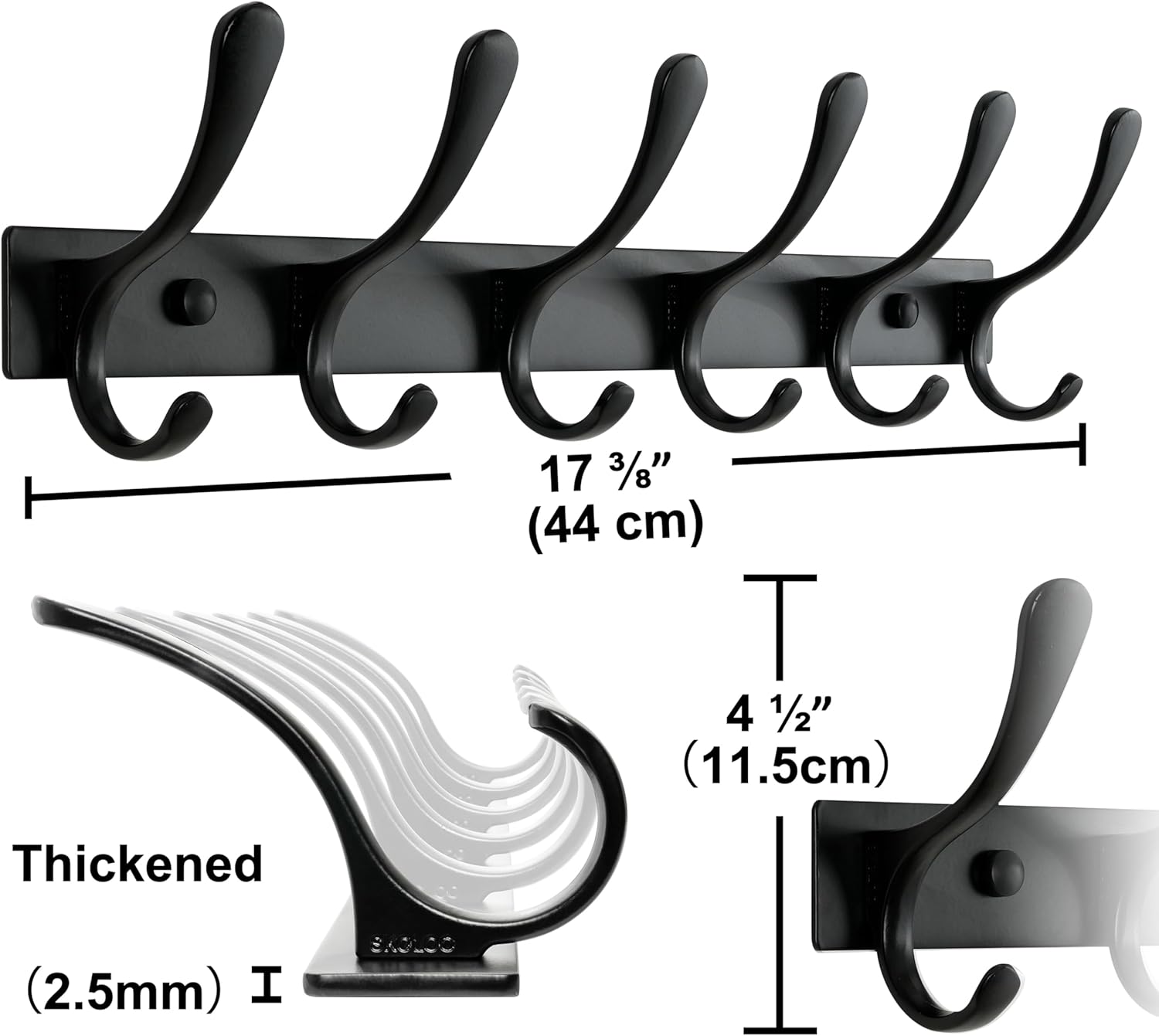 SKOLOO Heavy Duty Wall Mounted Coat Rack - 6 Hooks, Stainless Steel, Pack of 2, Sturdy Coat Hooks for Hanging Clothes, Jacket, Hat, Black