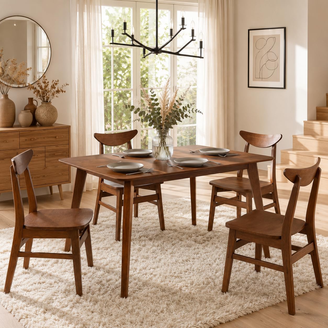 DUHOME Wood Dining Table Set for 4, 43.3" Solid Wood Kitchen Table & 4 Curved Back Support Chairs, Farmhouse Natural Kitchen Table and Chairs for Small Apartment, Dining Room Kitchen
