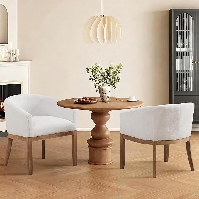 SoarFlash Mid Century Modern Upholstered Barrel Dining Chairs Set of 2, Farmhouse Linen Kitchen and Dining Room Chairs, with Natural Hardwood Frame (Beige)