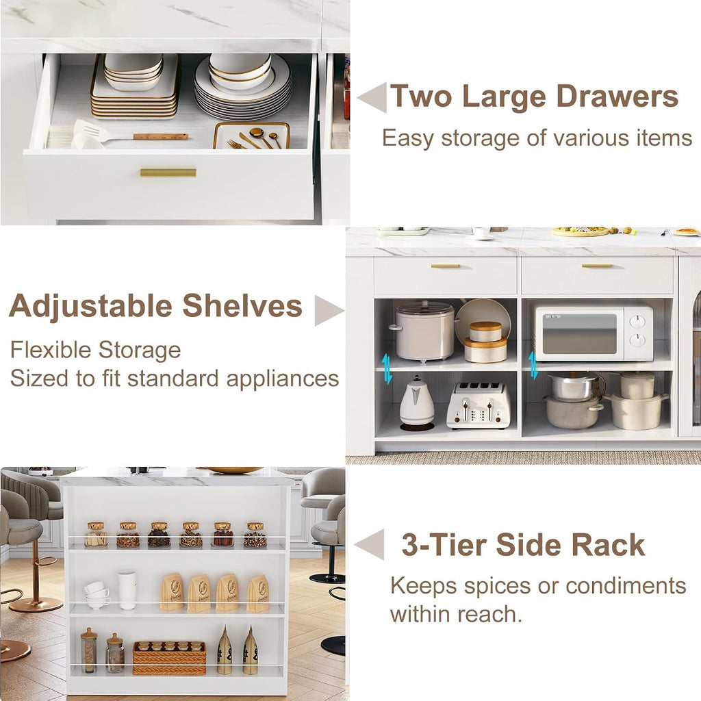 IBF 71" Modern Large Kitchen Island with Storage, White Faux Marble & White | Wood Island Table with Seating for 4, Stationary Island Cabinet with Drawers & Fridge Space, Counter Height Island Bar