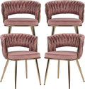 KCC Modern Velvet Dining Chairs Set of 4, Upholstered Living Room Chair with Woven Back and Golden Metal Legs, Mid-Century Accent Side Chair for Dining Room, Kitchen, Rose