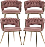 KCC Modern Velvet Dining Chairs Set of 4, Upholstered Living Room Chair with Woven Back and Golden Metal Legs, Mid-Century Accent Side Chair for Dining Room, Kitchen, Rose