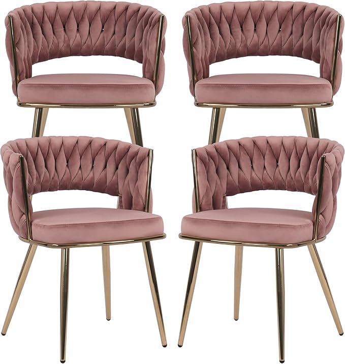 KCC Modern Velvet Dining Chairs Set of 4, Upholstered Living Room Chair with Woven Back and Golden Metal Legs, Mid-Century Accent Side Chair for Dining Room, Kitchen, Rose
